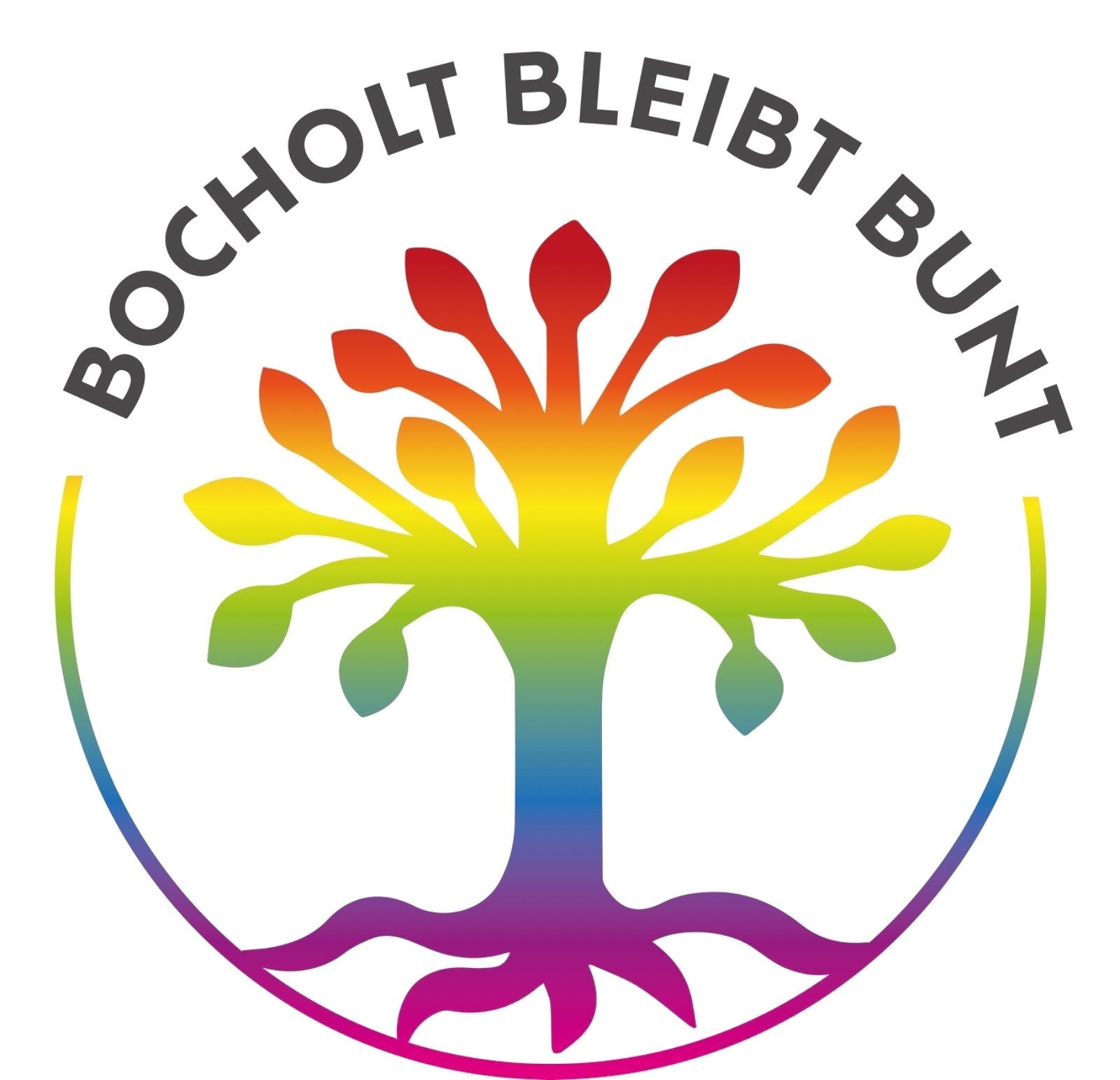 Logo von Bocholt Bleibt Bunt e.V.: Eine stilisierte Buche, aufgebaut aus Schichten in bunten Farben die fließend ineinander übergehen. Oberhalb der Buche steht Bocholt Bleibt Bunt entlang der Baumkrone gekrümmt.